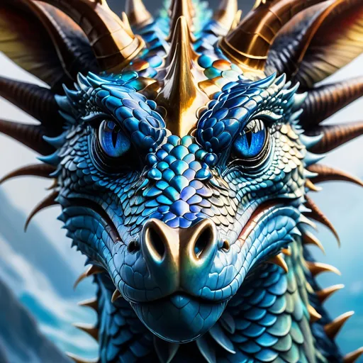 Prompt: Please create an incredibly detailed very close up airbrushed painting in style of Boris Vallejo of a single  dragon. Detailed scales, (masterpiece), 8k, epic, cinematic lighting, cinematic shot, portrait, illustration, vibrant, extremely detailed, detailed eyes, reflective eyes, illuminated by the sunlight, depth of field, godrays, volumetric fog and lighting, by Antonio Manzanedo, (headshot:1.5), antlers, photorealistic, (reflective wet scales:1.1), colorful scales, (vibrant blue eyes), beautiful scales, one nostril, dripping wet with small water droplets