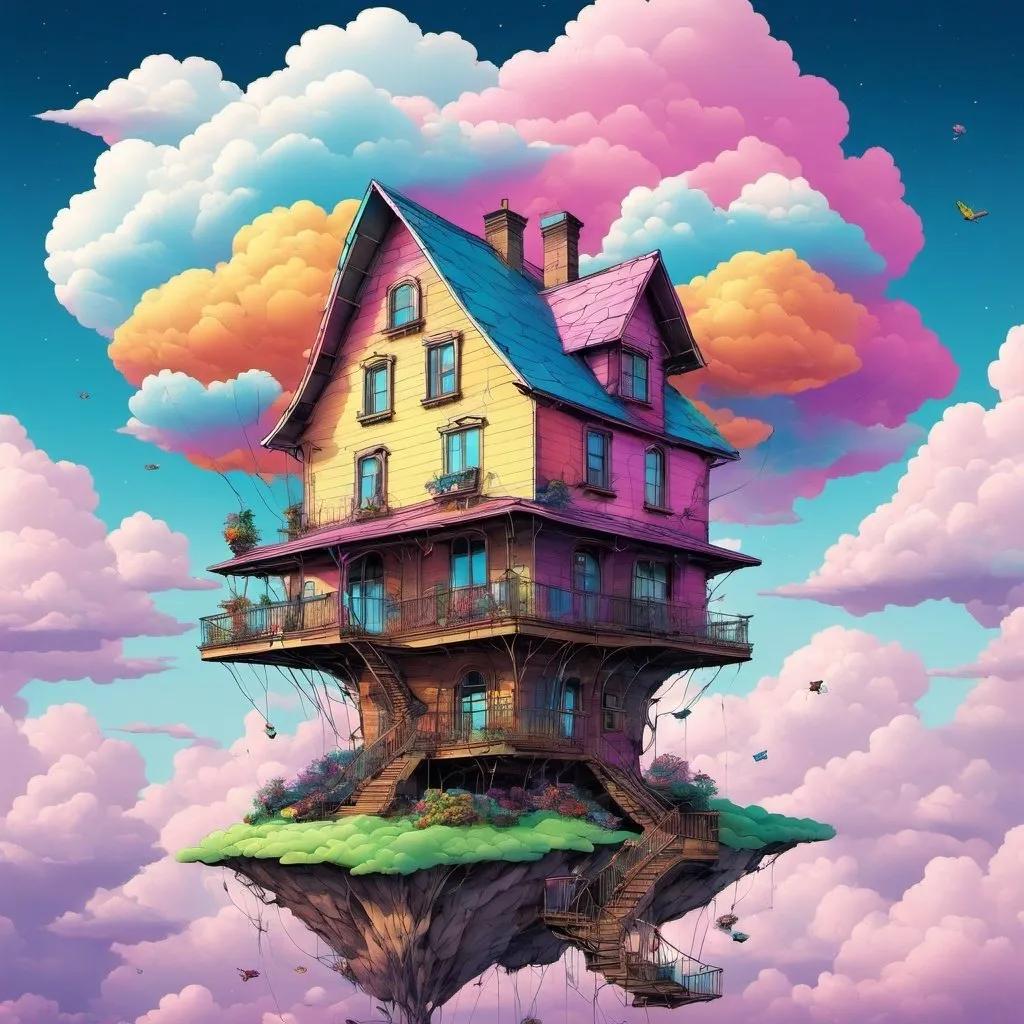 Prompt: a house in the clouds by Mike Campau and Lisa Frank and Ron Arad
Style: Fantasy Art