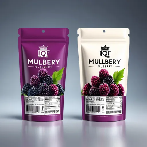 Prompt: Create a modern and natural packaging design for IQF Frozen Mulberry under the Queen brand. The background should feature a vibrant combination of colors #ee202e and #fbbe36 to evoke freshness and a sense of vitality. The title "IQF Frozen Mulberry" should be prominently displayed at the top in an attractive, bold font. Include a high-quality image of luscious, plump mulberries that emphasize their rich color and texture, arranged artfully to showcase their appeal. The brand logo, featuring a crown, should be placed at the bottom of the packaging, harmonizing with the overall design. Incorporate a clear nutritional information panel on one side, highlighting the health benefits of mulberries. The overall aesthetic should convey quality, freshness, and a connection to nature.