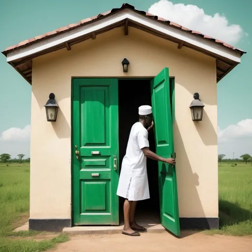 Prompt: Depict Nigerian map as a house with a door. Let the house be a mansion painted green white green with the door opens. Let the door be opened and a man pushed out from the house through the door. Demand is pushed out by somebody, he is not going inside.