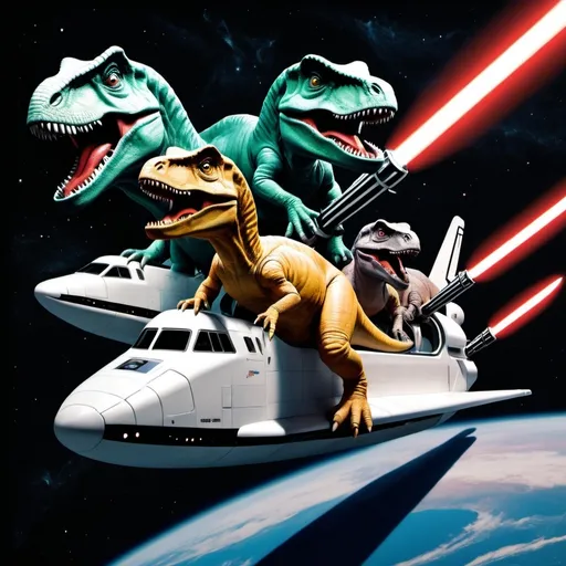 Prompt: Dinosaurs on a space shuttle with dark sabers wearing 3d glasses.