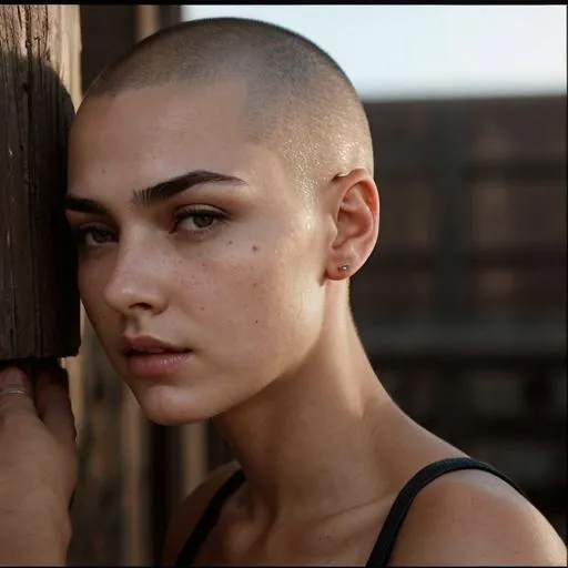 Prompt: angry brunette girl with little moles on her face, steanpunk, perfect italian nose, super short shaved head, no hair, oval face, thin eyebrows, big chest, big breasted,close-up back view half body, perfect body, beautiful body, eager, highly detailed , octane rendering, cinematic, highly detailed, vibrant, production, realistic, ultra high quality model, 8k ultra HD, (big chest), big breasted, visible full body, glow
