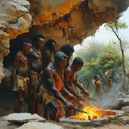 Prompt: On the African continent, a group of primitive people wearing only pants used fire to burn food in caves, using sharpened stones to cut food. Behind there are also a group of primitive people taking fruits from trees to eat.