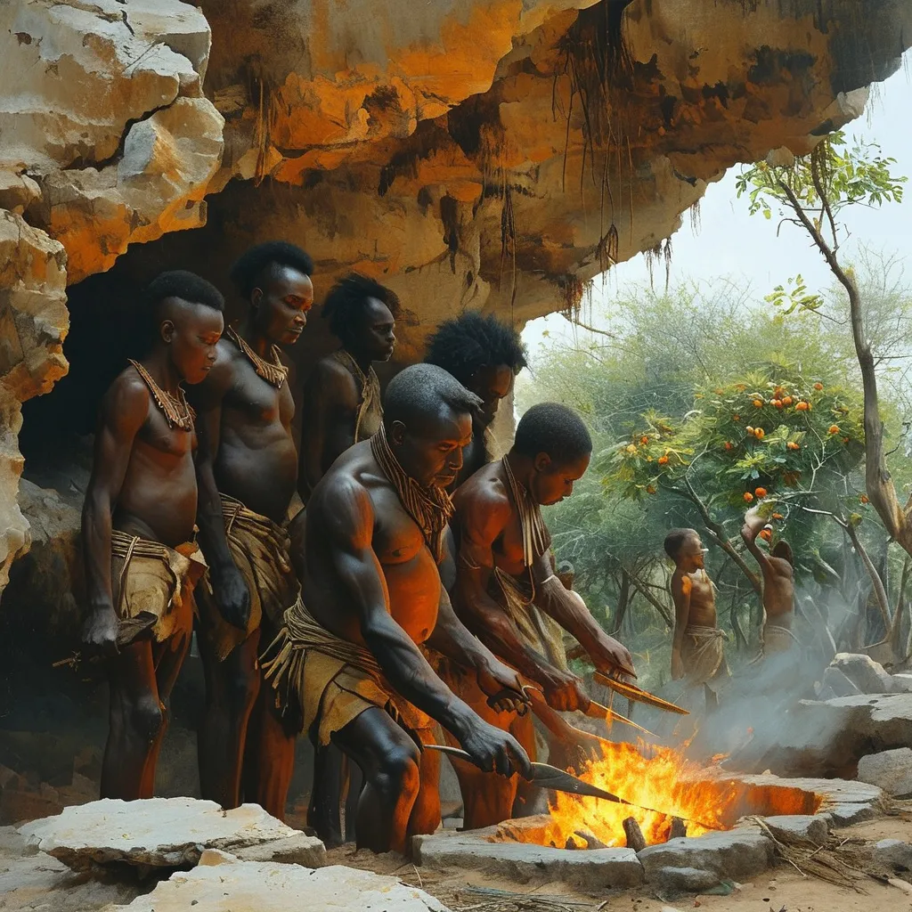 Prompt: On the African continent, a group of primitive people wearing only pants used fire to burn food in caves, using sharpened stones to cut food. Behind there are also a group of primitive people taking fruits from trees to eat.