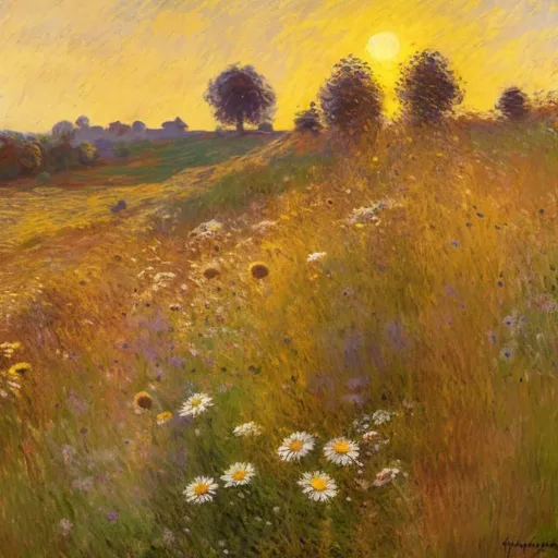 Prompt: Monet-style painting of a late autumn daisy meadow, haystack rolls in the background, bees flying around, vibrant brushstrokes, soft impressionistic style, golden and earthy tones, warm natural lighting, detailed flowers and bees, field landscape, high quality, impressionism, late autumn, vibrant brushstrokes, soft style, golden tones, natural lighting