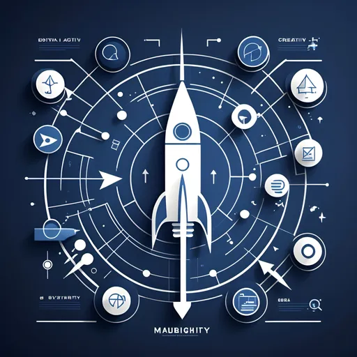 Prompt: a sleek, minimalist graphic of a digital blueprint or architectural plan, with various marketing elements (social media icons, analytics charts, business growth arrows) symbolized as space rockets. Each block is labeled with concepts like "Insights," "Creativity," "Data", Media Planning", "JTBD". In the center, a spotlight shining on the blueprint