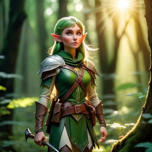 Prompt: Elf ranger in a mystical forest around sunlight