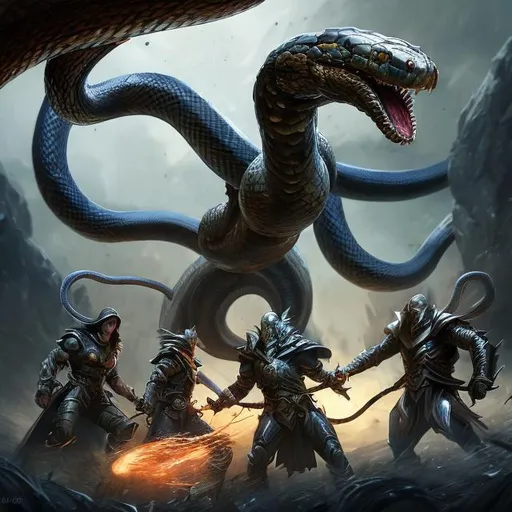 Prompt: Four heroes battling a twin-headed snake, epic fantasy scene, digital painting, dynamic composition, intense action, high-quality, fantasy, detailed armor, mythical creatures, heroic characters, dramatic lighting, epic battle, fantasy, highres, dynamic composition, digital painting, mythical creatures, intense action, dramatic lighting