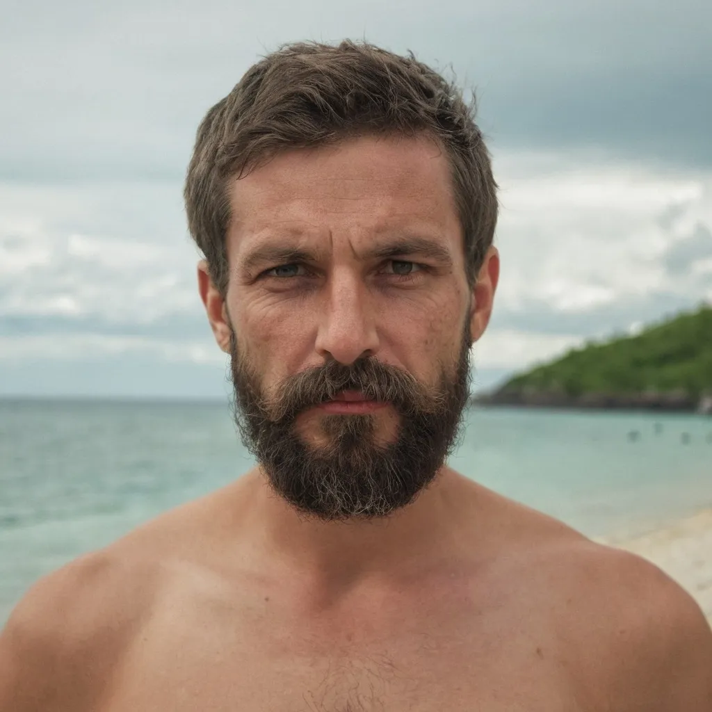 Prompt: Hombre travieso desnudo sin ropa con la barba lleno de azúcar y bigote feo y cara pensativa. Ciérrese encima del retrato del hombre travieso hermoso sin ropa con la barba lleno de azúcar y del bigote feo en la isla que mira la cámara con la cara pensativa