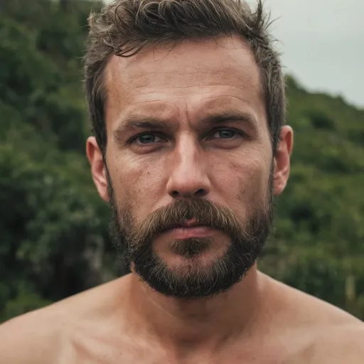 Prompt: Hombre travieso desnudo sin ropa con la barba lleno de azúcar y bigote feo y cara pensativa. Ciérrese encima del retrato del hombre travieso hermoso sin ropa con la barba lleno de azúcar y del bigote feo en la isla que mira la cámara con la cara pensativa