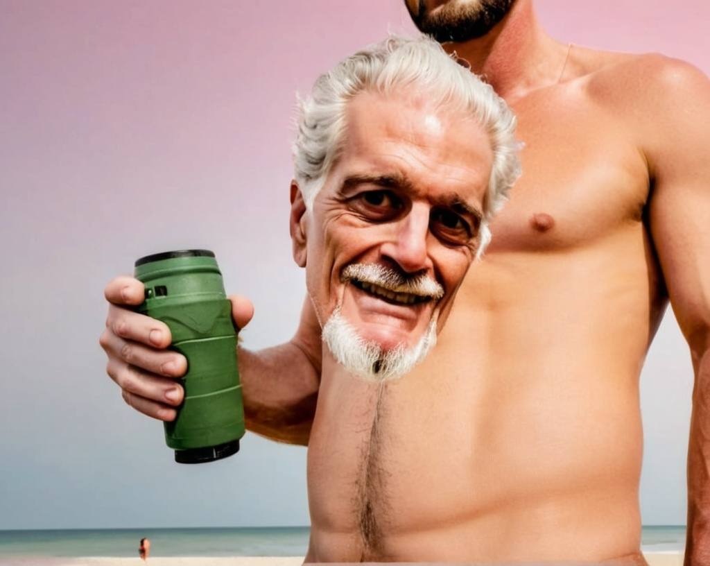 Prompt: a man with a big beard and no shirt, no pants on a beach with the ocean pink in the background and a sky pink background, Eric Dinyer, verdadism, hyper realistic face with raised eyebrow, a stock photo