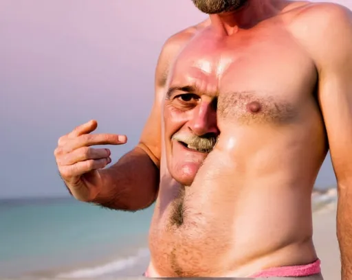 Prompt: a man with a big beard and no shirt, no pants on a beach with the ocean pink in the background and a sky pink background, Eric Dinyer, verdadism, hyper realistic face with raised eyebrow, a stock photo