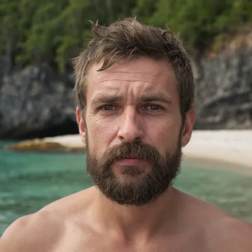 Prompt: Hombre travieso desnudo sin ropa con la barba lleno de azúcar y bigote feo y cara pensativa. Ciérrese encima del retrato del hombre travieso hermoso sin ropa con la barba lleno de azúcar y del bigote feo en la isla que mira la cámara con la cara pensativa