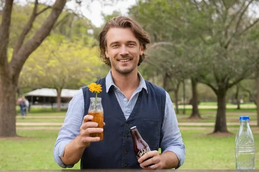 Prompt: a man australian holding a glass of flower in his hand and a bottle of soda in his other hand, with a park background, Andries Stock, dada, product photo, a stock photo