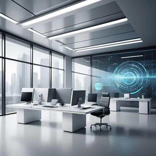 Prompt: A sleek, modern digital business environment with abstract technology elements, futuristic office setting, high-resolution, professional, clean lines