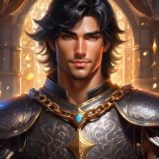 Prompt: oil painting, D&D fantasy, human man, muscular, tanned-skinned-male, beautiful, short bright black hair, straight hair, smiling, looking at the viewer, cleric wearing intricate chain mail armor, casting a healing spell #3238, UHD, hd , 8k eyes, detailed face, big anime dreamy eyes, 8k eyes, intricate details, insanely detailed, masterpiece, cinematic lighting, 8k, complementary colors, golden ratio, octane render, volumetric lighting, unreal 5, artwork, concept art, cover, top model, light on hair colorful glamourous hyperdetailed medieval city background, intricate hyperdetailed breathtaking colorful glamorous scenic view landscape, ultra-fine details, hyper-focused, deep colors, dramatic lighting, ambient lighting god rays, flowers, garden | by sakimi chan, artgerm, wlop, pixiv, tumblr, instagram, deviantart