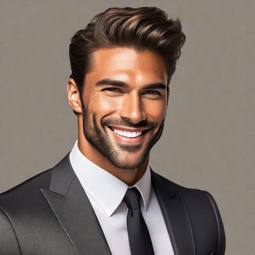 Prompt: Attractive, masculine, very muscular, cute, tan, man, stubble, great hair, tight black tailored suit, confident posture, smiling, professional ambiance, high quality, realistic, detailed facial features, cool tones, lighting, professional, realistic, detailed, confident, tailored suit, smiling, masculine, muscular, tan, high quality, cool tones, professional ambiance, big glutes, romantic, intricate detail, best quality, uhd, 8k, center frame, professional lighting, detailed facial features,  center frame, light,
