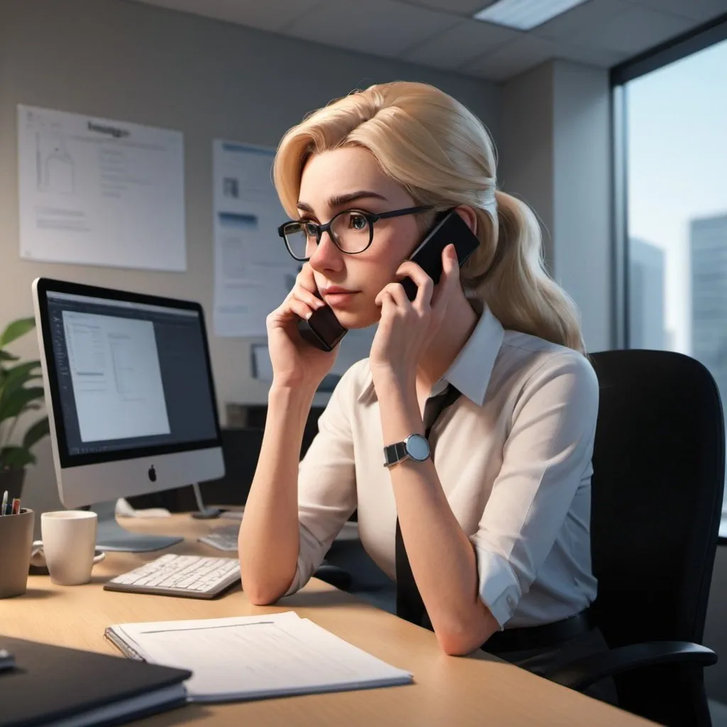 Prompt: /imagine prompt: 2D Animation, personality: Display an Employee on phone at her desk, looking thoughtful and contemplative.