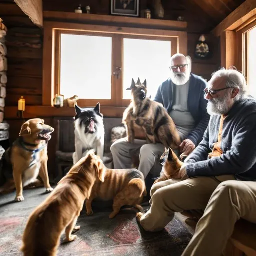 Prompt: Four dogs and a cat sit around one gray-bearded man with glasses in a cozy cottage.