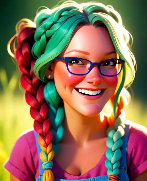 Prompt: Disney style farm girl with braids and a happy smile, vibrant colors, sunny