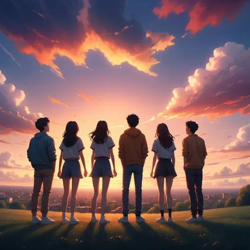 Prompt: (5 friends), 2 women and 3 men, wearing casual clothes, reminiscing about their high school days, gazing at a beautiful sky, filled with vibrant colors of sunset, an atmosphere of nostalgia and warmth, soft clouds, joyful expressions, a serene and sentimental mood, ultra-detailed, HD quality.