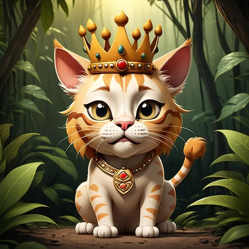 Prompt: "Funny cartoon Bengali cat wearing a crown, acting like a lion in the jungle, proud expression, animated style"