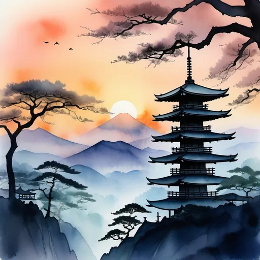 Prompt: (silhouette of a Japanese tree on a mountain), (watercolor style), picturesque sunset in the background, ethereal mist hovering over the landscape, serene pagoda structure, gentle and soft color tones, harmonious ambiance, conveying peace and happiness, (accurately spelled text "平和と幸福"), tranquil and soothing atmosphere, ultra-detailed, dreamy quality.