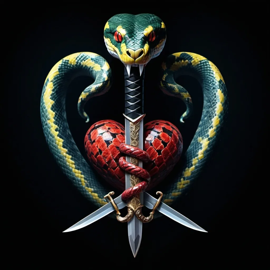 Prompt: Snake wrapped
 a dagger a heart black background

