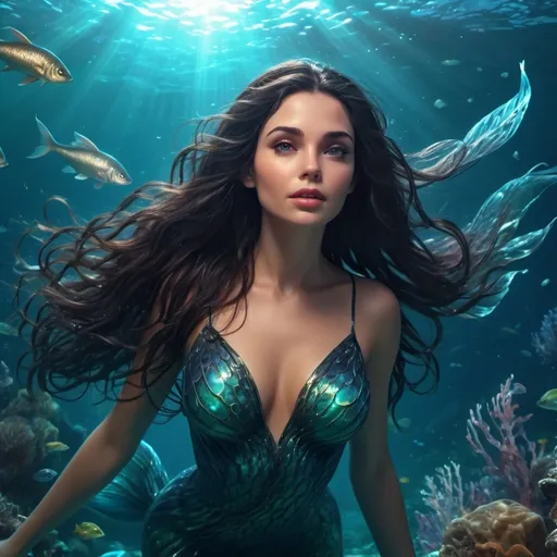 Prompt: Animated beautiful dark haired siren woman 