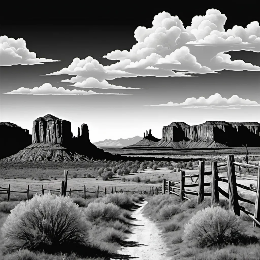 Prompt: Western outline scenery
Outlaw black and white landscape
