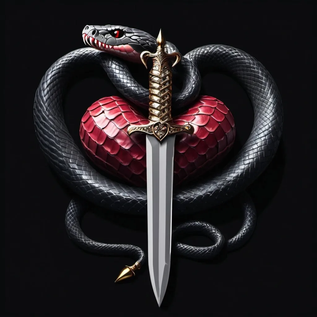 Prompt: Deadly snake wrapped
 a dagger a heart black background 

