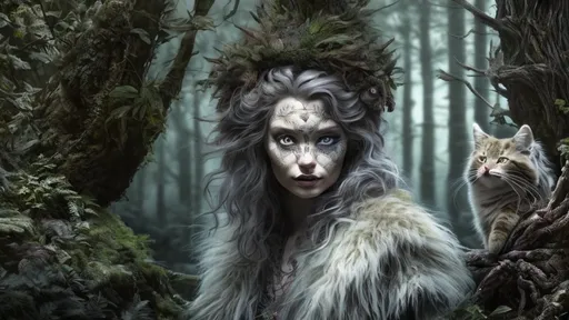 Prompt: highly detailed woman with norwegian forest cat into dark forest, witch of forest, highly detailed eyes, high resolution scan, 64k, UHD, HDR, hyper realistic, Sony A7 IV, Sony FE 70mm f/2.8 G Master II, magical context, neon lights, crystal clear photograph, absolutely real.