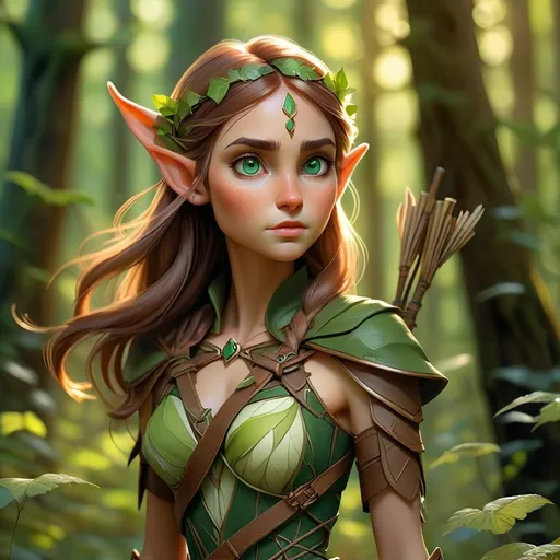 Prompt: In a mystical forest bathed in dappled sunlight, an Elf ranger stands poised, exuding an air of ethereal grace. Tall trees, their leaves shimmering in hues of emerald and gold, tower around her, creating a serene canopy that filters the soft beams of sunlight into enchanting patterns on the forest floor. The ranger, clad in intricately woven green and brown fabrics adorned with delicate leaf patterns, has striking, sharp features and piercing eyes that reflect the woodland's magic. With a quiver slung across her back and a beautifully carved bow in hand, she gazes intently into the distance, her expression fierce yet serene, as if attuned to the whispers of the forest. A gentle breeze stirs the air, carrying the scent of blooming wildflowers and the subtle sounds of distant rustling leaves. This scene captures the essence of enchanted exploration, rendered in cinematic lighting, giving it a dreamlike quality.