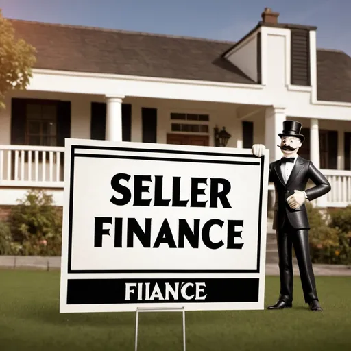 Prompt: Monopoly man holding Seller finance sign, old house, vintage, detailed expression, highres, realistic, traditional, warm tones, dramatic lighting