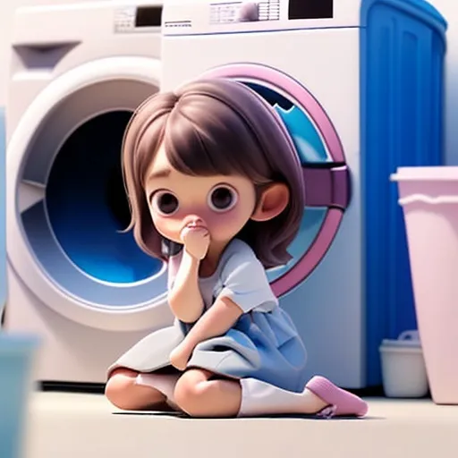 Prompt: a little girl, kneeling in front of the family laundry dryer, looking at a magical city where all of the lost pieces of laundry live. 