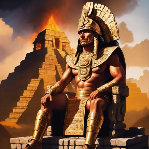 Prompt: A ancient Mayan Warrior King, sitting on his golden throne, that sits atop an ancient Mayan temple, which was built on top of an active volcano