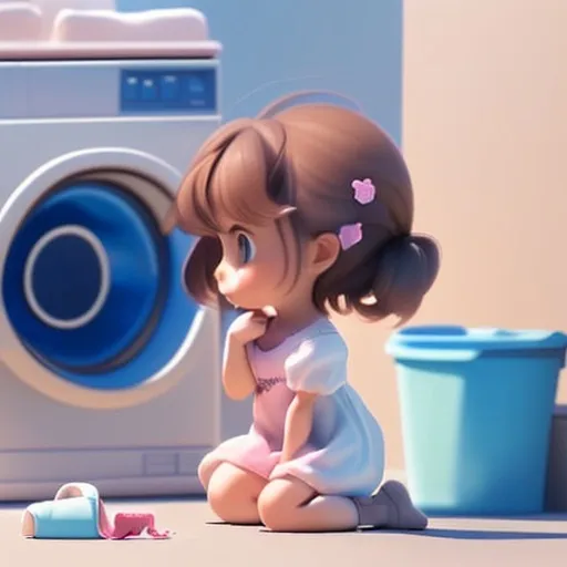 Prompt: a little girl, kneeling in front of the family laundry dryer, looking at a magical city where all of the lost pieces of laundry live. 