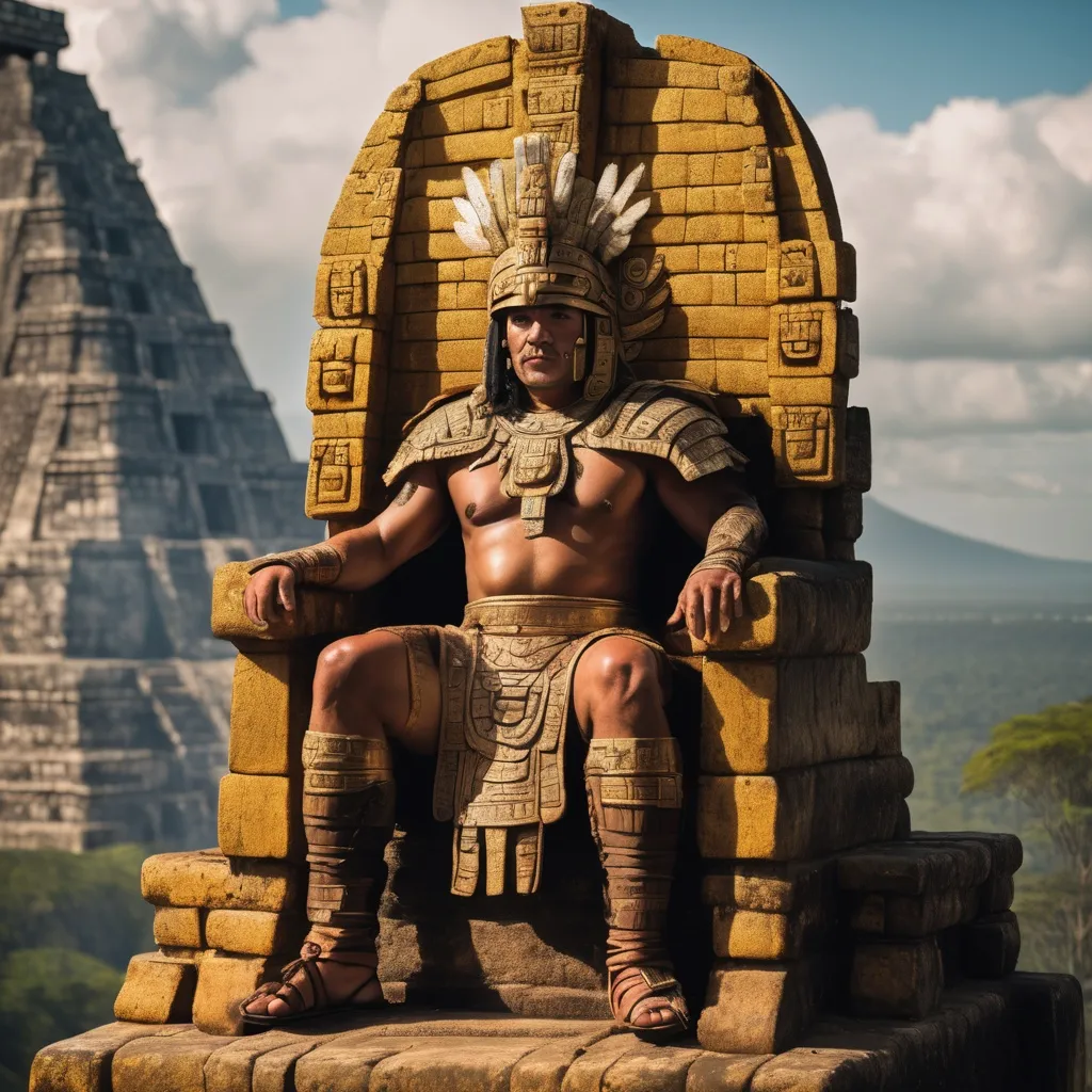 Prompt: A ancient Mayan Warrior King, sitting on his golden throne, that sits atop an ancient Mayan temple, which was built on top of an active volcano