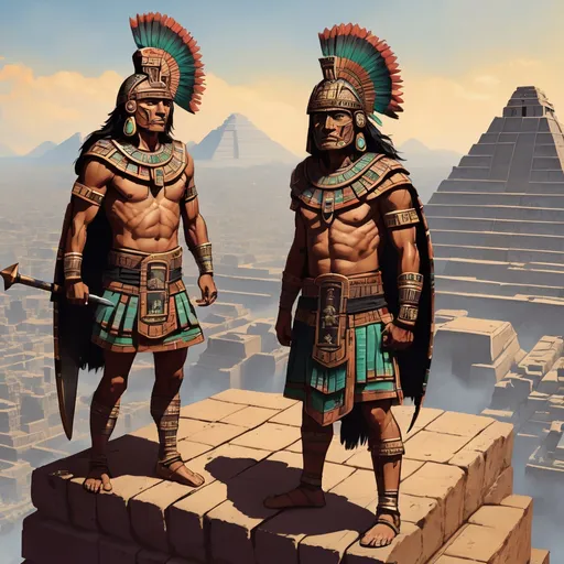 Prompt: 3 Ancient Aztec Warriors, stoically standing at the top of a pyramid, overlooking the ancient city that they are about to conquer