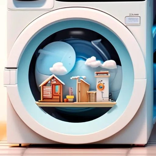 Prompt: a tiny city, inside of a washing machine