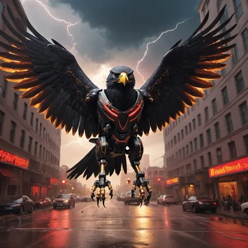 Prompt: Hyper realistic angry robotic black falcon,  wings wide open  surrounded by red and golden lighting in the middle of the city with thunderstorm looking at the camara 