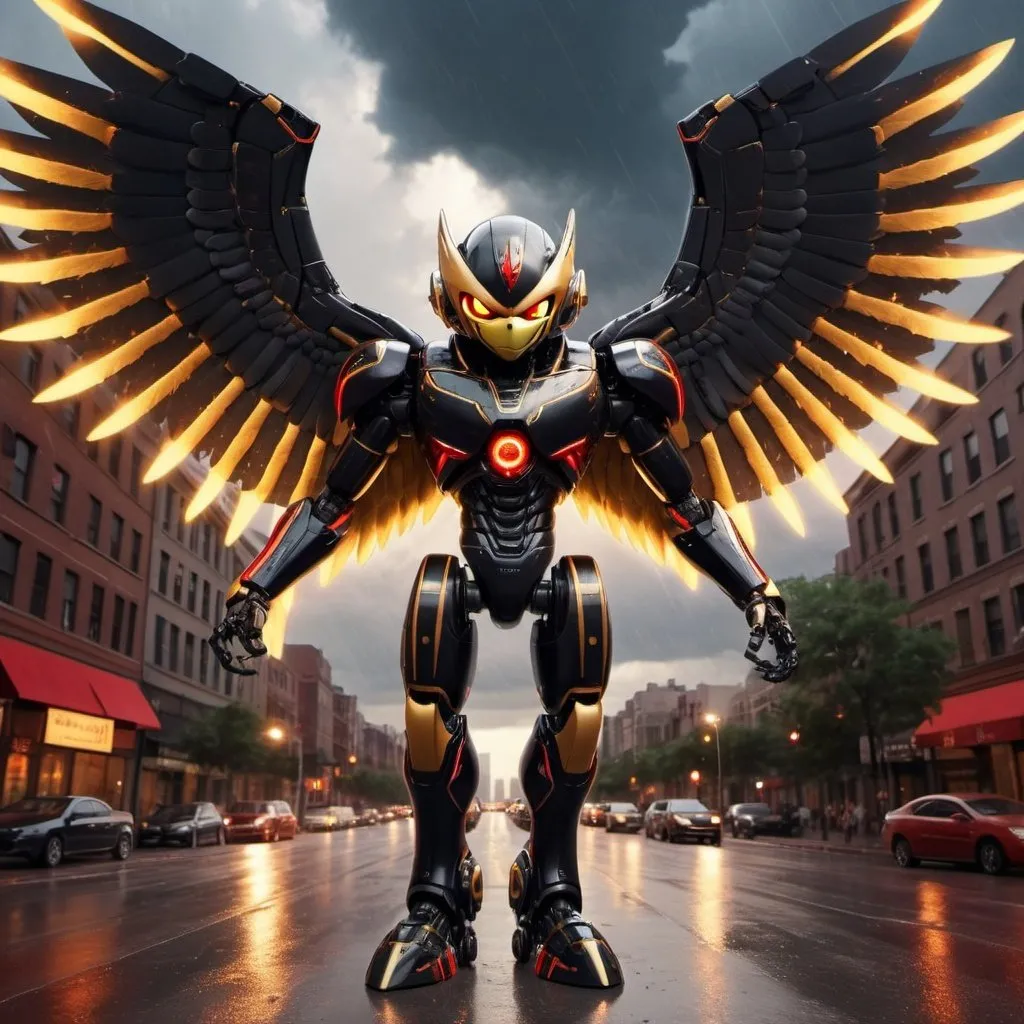 Prompt: Hyper realistic super sonic  robotic black falcon,  wings wide open  surrounded by red and golden lighting in the middle of the city with thunderstorm 