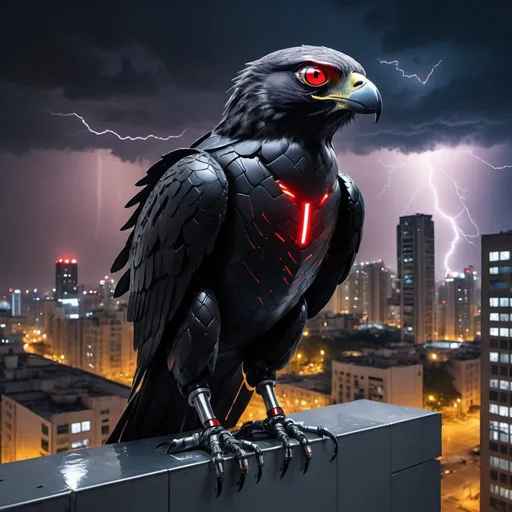 Prompt: Black robotic falcon with red eyes and seating on a top of high rise building in the city at night during the thunder Strom and lightning 