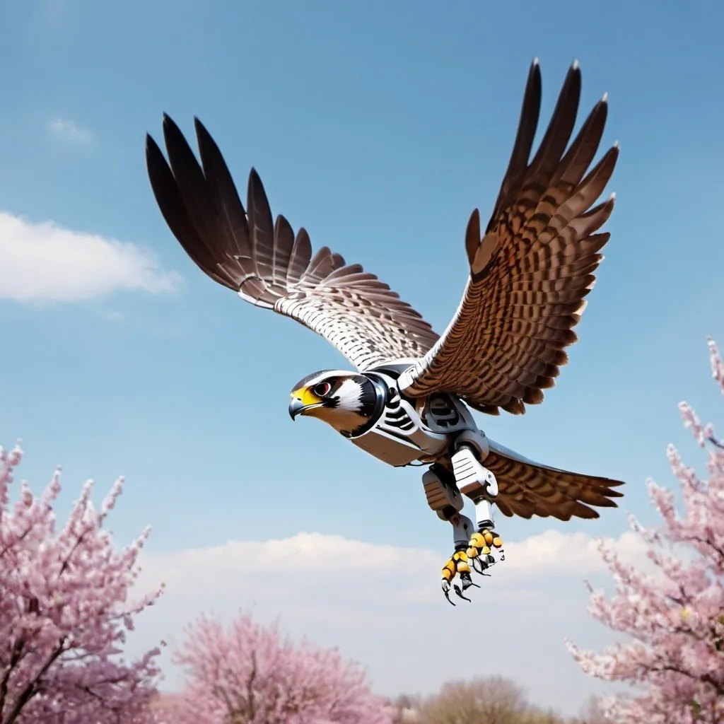 Prompt: Robot falcon flying in the sky during spring profile photo 