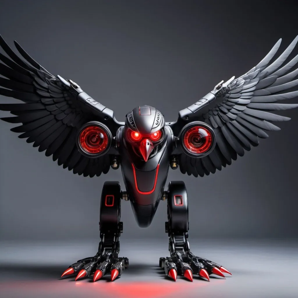 Prompt: Black robotic falcon with red laser eyes and wings wide open with front view