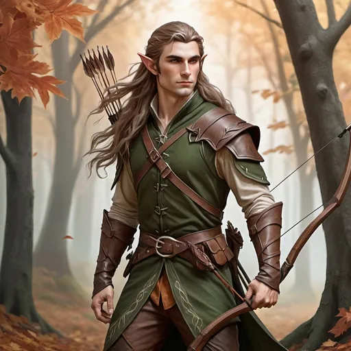Prompt: hyper-realistic male elf ranger, Tall and lithe with long, flowing hair the color of autumn leaves. Wears forest-themed clothing and carries a finely crafted longbow. fantasy character art, dnd