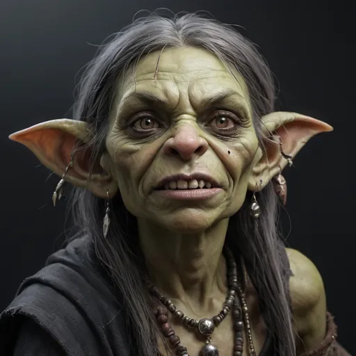 Prompt: hyper-realistic dnd art, female, ugly goblin, age 50, shaman, goth, dirty rags