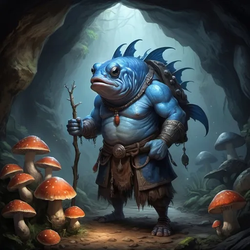 Prompt: hyper-realistic art, medieval fantasy, kuo-toa, dnd kuo-toa, blue fish guy, shaman, short, in a cave with giant mushrooms,