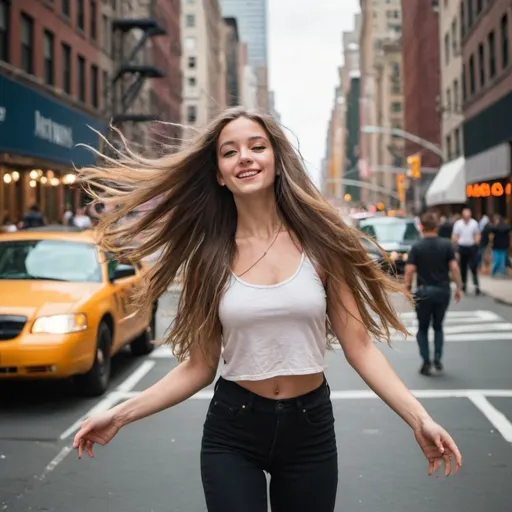 Prompt: beautiful city girl with long hair, dancing in the streets of New York City