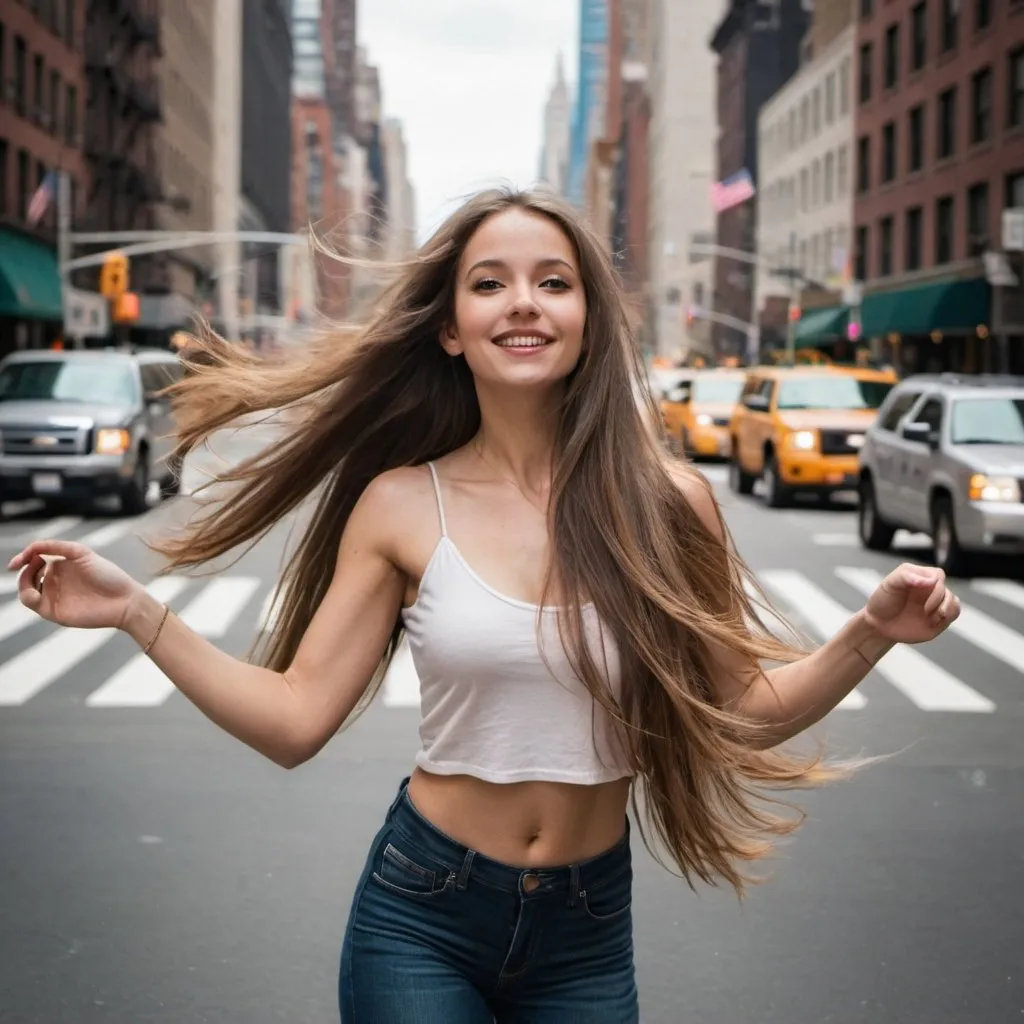 Prompt: beautiful city girl with long hair, dancing in the streets of New York City